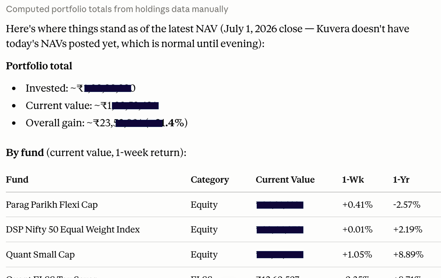 Claude responding to 'how is my portfolio doing' with fund holdings, current value, and 1-week returns