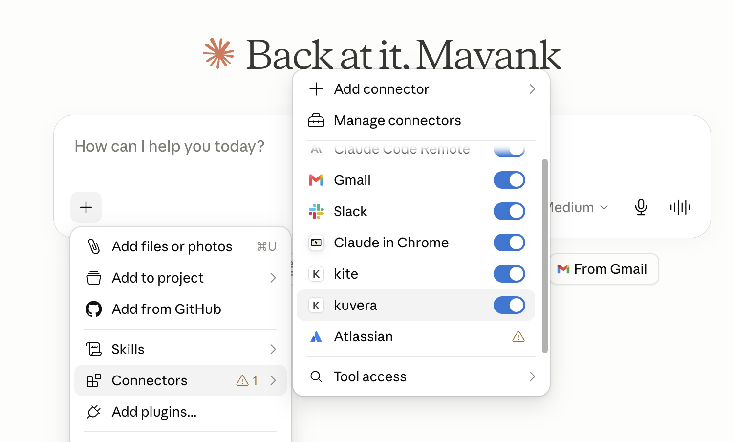 Claude.ai connectors popover showing kuvera listed and enabled