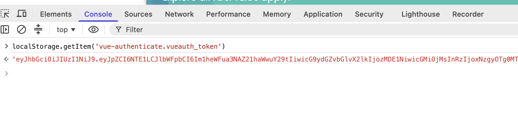 Browser DevTools Console showing the localStorage.getItem command and the returned JWT token